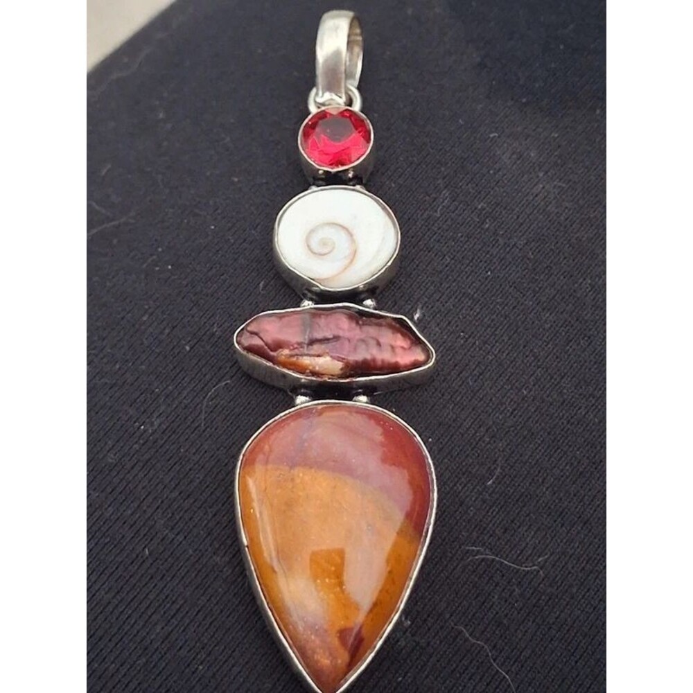 Unique Whimsical Boho Shiva Eye Spiral Shell Biwa Pearl Red Jasper Pendant